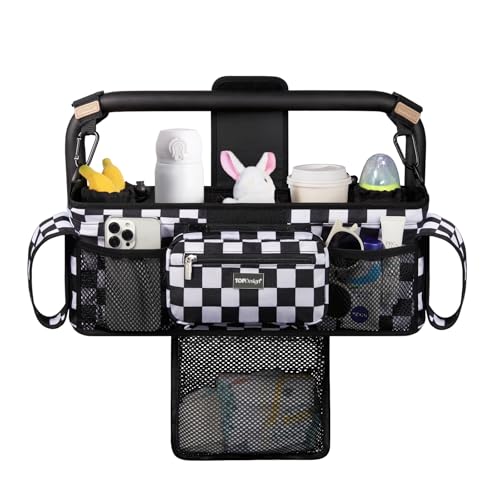 Image of TOPDesign Universal Baby Stroller Organizer, Double Stroller Caddy with Detachable Mesh Bag & Heightened Insulated Cup Holders & Non-Slip Secure Hooks Accessories, Fits Most Strollers (Checkerboard)