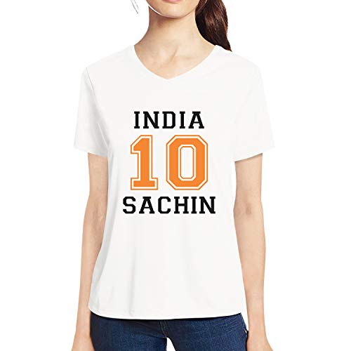 Image of Pooplu Women's Regular Fit Jersey No.10 Sachin Cotton Graphic Printed V Neck Half Sleeves Black & White t-Shirt. Sports, Cricket, Symbol Pootlu Tshirts
