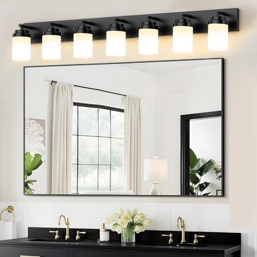 Image of IZORRO Bathroom Vanity Light Fixture, 7-Light 52 inch Matte Black Bathroom Light Fixtures Over Mirror, with White Glass Shade, Modern Farmhouse Vanity Lights, Rustic Restroom Lighting Fixtures