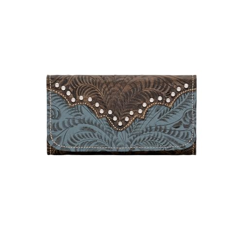 Image of American West Hand Tooled Handcrafted 100% Genuine Leather Tri-Fold Wallet for Women Credit Card Slots Cash Pocket and Clear ID Holder Western (Denim Blue)