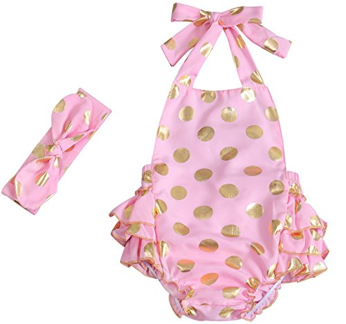Image of Messy Code Baby Girls Sleeveless Halter Ruffle Romper Backless Bodysuit Outfits Headband Sunsuit Newborn 1st Birthday Clothes