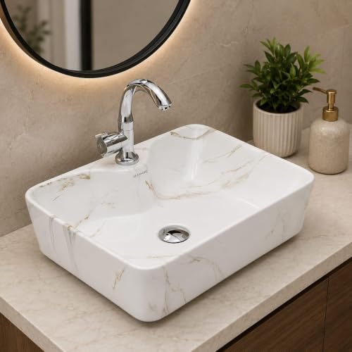 Image of Premium White Ceramic Table Top Wash Basin, Modern Countertop Vanity Sink for Bathroom, Hotel & Residential Washrooms, 19 x 14 x 5 Inch