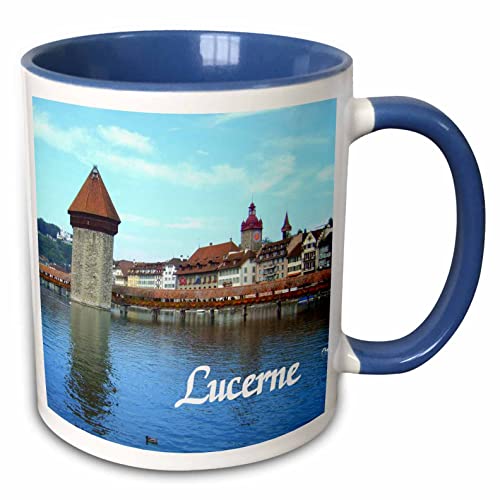 3dRose Lucerne - town in Switzerland - medieval style stone tower bridge over Swiss lake - historic city 11oz Two-Tone Blue Mug