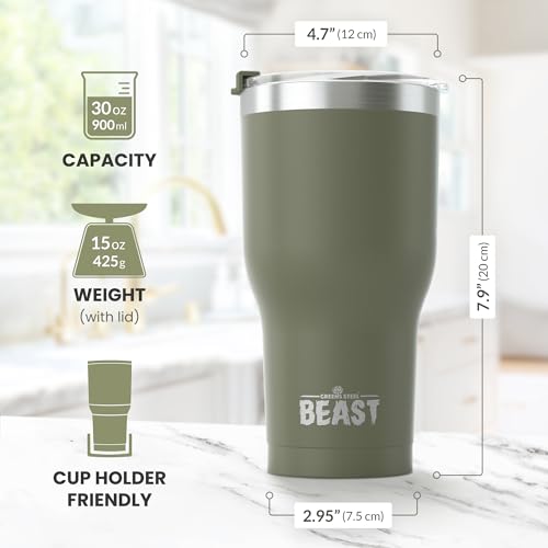 Image of Beast 30 oz Tumbler Stainless Steel Insulated Coffee Cup with Lid, 2 Straws, Brush & Gift Box by Greens Steel (30 oz, Army Green)