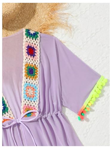 Image of Milumia Girl's Embroidered Tie Knot Cover Up Sheer Pompom Bikini Coverups Beachwear Dusty Purple 11 Years