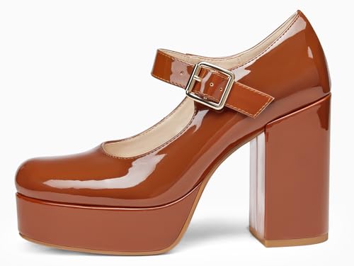 Image of Coutgo Womens' T-Strap Round Toe Chunky Platform Heels Patent Mary Jane Dress Shoes