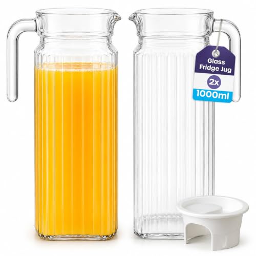 Fridge Jug 1L Glass Water Jug with Lid (2 Pack) - Clear Water Pitcher with Ribbed Glass Design & Handle for Fridge Shelf & Everyday Use with Vented Spout - Juices Pimms & Picnics