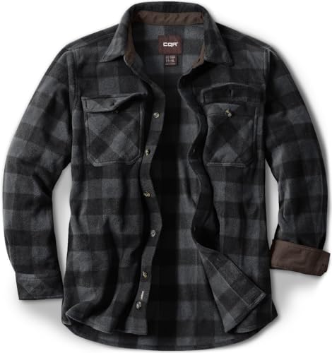 CQR Men's Long Sleeve Heavyweight Fleece Shirts, Plaid Button Up Shirt, Warm Outdoor Casual Shirt with Pockets