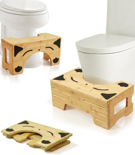 Image of Foldable Toilet Stool, Bamboo Squat Stool for Bathroom, Space-Saving Poop Stool with Comfortable 7 inch Daily Use Height, Potty Stool for Improved Posture, Optional 9 inch Height Mode (Cat Design)