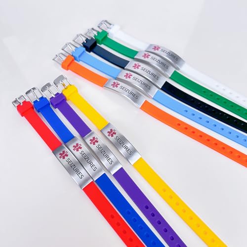 Image of RENYILIN Nine-color eco-friendly silicone bracelet Stainless steel Medical ID Bracelet Adjustable medical alert ID Emergency first aid jewelry (SEIZURES, Black), Uniform size