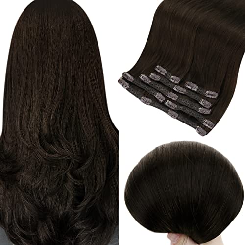 Fshine Dark Brown Hair Extensions Clip in Human Hair, Full Head Clip in Hair Extensions Human Hair 16 Inch 7 Pcs Clip in Real Hair Extensions Brown 120 Gram Remy Human Hair