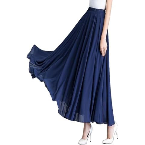 Women's Bohemian Elastic Waist Band Pleated Retro Maxi Long Skirt Dress (Navy) Cover