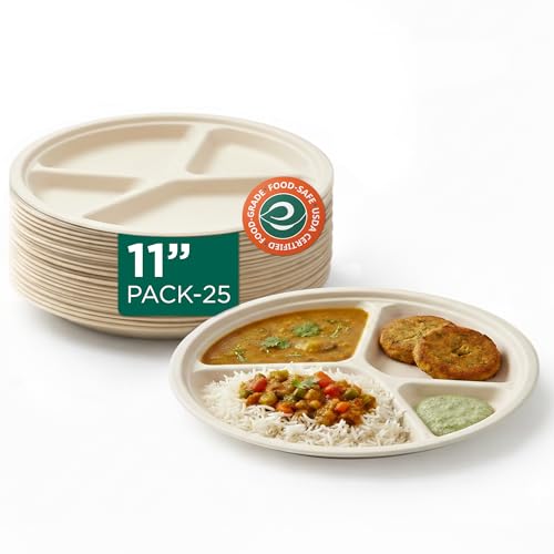 Image of ECO SOUL | Round 4 Compartment Bagasse Plates | 11 Inch - Pack of 25 | Disposable Plates Big Size | Beige Eco-Friendly Sugarcane Plates | Sturdy, Compostable & Heat-Safe