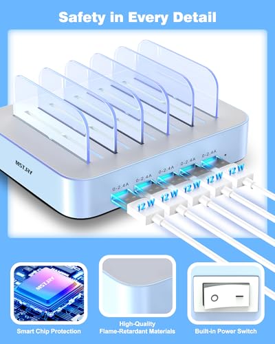 Image of MSTJRY Charging Station for Multiple Devices : 5 Port Multi USB-A Charger Stations Multi-Device Organizer Charging Dock Designed for iPhone iPad Cell Phone Tablets (7 Short Cables Included), Blue