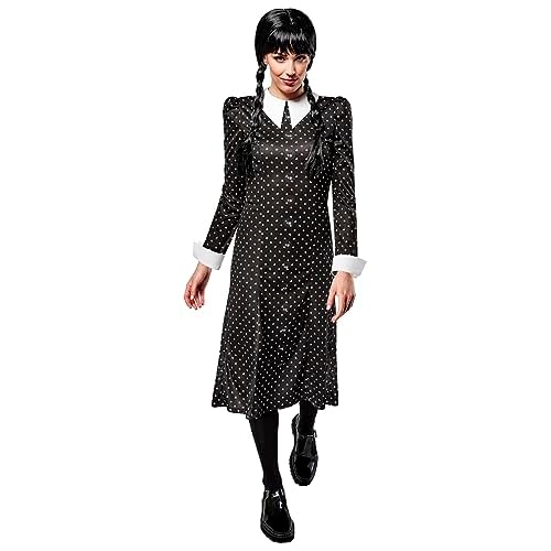 Rubies Disfraz Miércoles Addams barato para mujeres, Vestido impreso con cuello, Oficial Wednesday, Miercoles Addams para Halloween, Carnaval y Cosplay