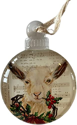 Christmas Market Ornaments Adorno de disco de cristal de oveja con bayas de acebo y partituras de efemera, animales de granja, decoración navideña
