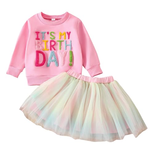 LUVCES Conjunto de aniversário para menina, t-shirt com bordado de letras coloridas tutu saia de tule vestidos de aniversário para meninas 1-6 anos, D: Mangas compridas rosa, 2-3 anos