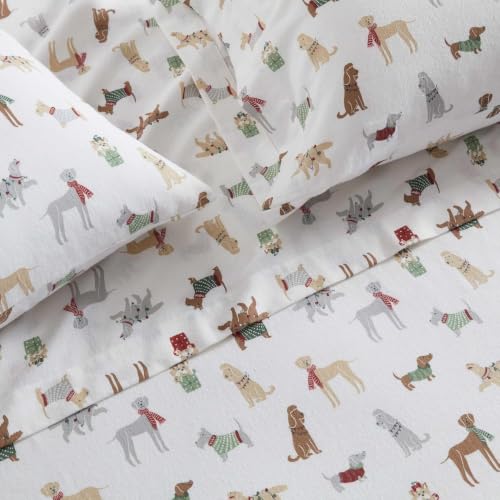 Image of Martha Stewart - Flannel Sheets Twin Size, Anti-Pilling & Wrinkle Resistant Cotton, Touchably Soft for All-Season Comfort - Bed Sheets with Matching Pillowcase & Fitted Sheet (Holiday Pups Brown)