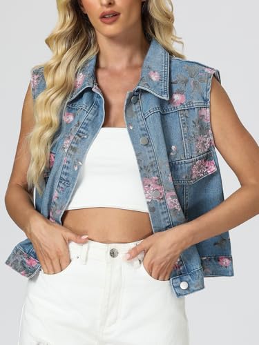 LifeShe Denim Vest Women Sleeveless Casual Floral Printed Jean Waistcoat Jacket2