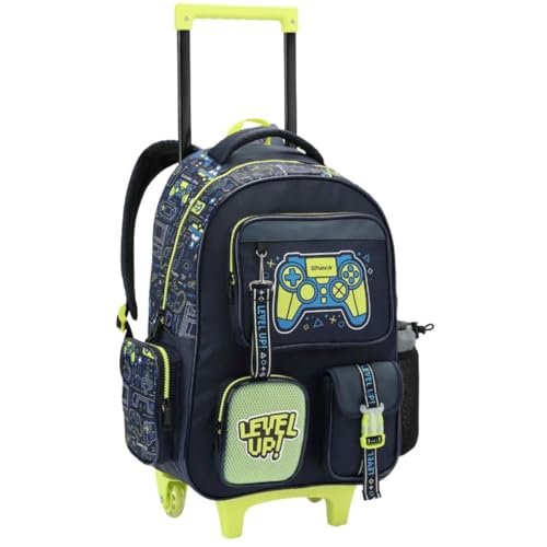 Mochila Escolar Infantil com Rodinhas, Estampa Gamer, Bolsos, Porta Garrafa, Alças Acolchoadas, Material Reforçado, P/Meninos (Mochila Escolar Infantil Gamer)