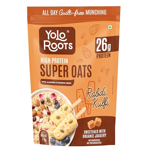 Image of Yolo Roots 26g High Protein Super Oats 1 Kg Real Rabdi Kulfi Flavour with Plant-Based Protein & Organic Jaggery No Refined Sugar High Fibre Breakfast Oats with Seeds & Raisins (Protein Super Oats)
