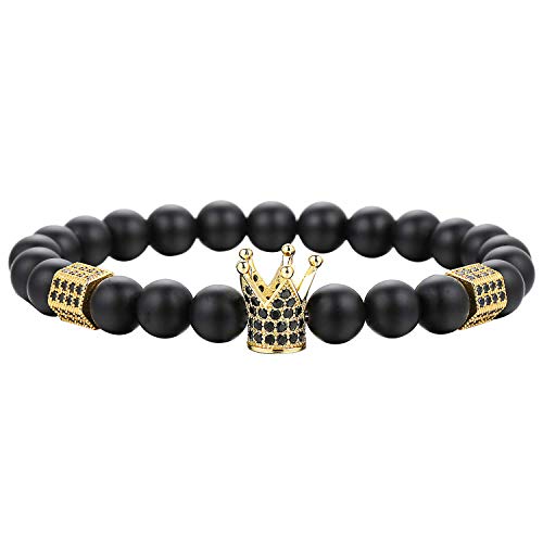 Wfyou 8Mm Charm Beads Bracelet For Men Women Black Matte Onyx Natural Stone Beads, 7.5" #TOP2