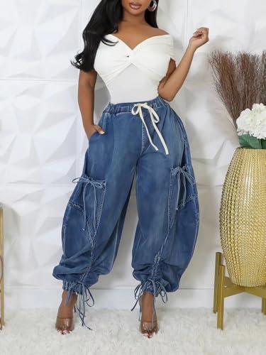 Women Baggy Cargo Jeans Drawstring Loose Barrel Wide Leg Jeans Jogger Sweatpants Denim Pants2