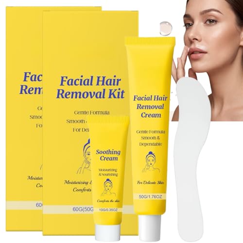 Image of 2pcs Facial Hair Removal Cream for Women,Fast&Effective Hair Remover Cream Kit with Soothing Serum,Painless Moisturizing Depilatory Hair Removal,Smooth Skin in 5 Minutes,Non-stimulating Hair Remove