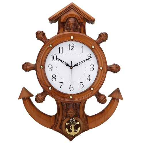Image of Nautical Anchor Wall Clock, Wooden Design with Ship Wheel and Anchor Motif, Battery Operated (Brown)
