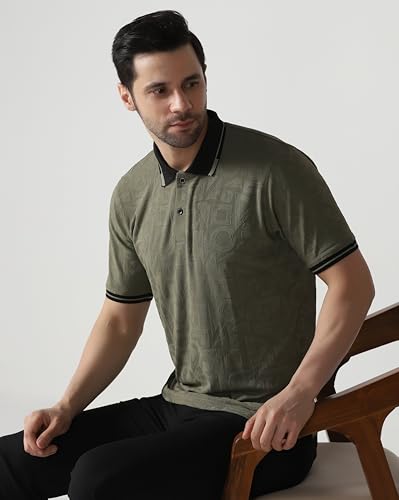Image of TOPLOT Men's Premium Jacquard Polo T-Shirt | Geometric Textured Design | Contrast Collar & Cuffs | Soft Breathable | Perfect for Office & Casual Wear | Available in Pack of 2 (5281)