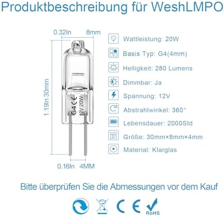WeshLMPO Halogen G4 20 W 12 V Pack of 12 G4 Halogen Bulbs 2700 K Warm White Dimmable for Oven 300 Degrees - View 8
