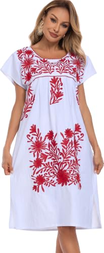 Image of YZXDORWJ Women Mexican Embroidered Long Dress Ruffle Collar Maxi Boho Floral Summer Short Sleeve