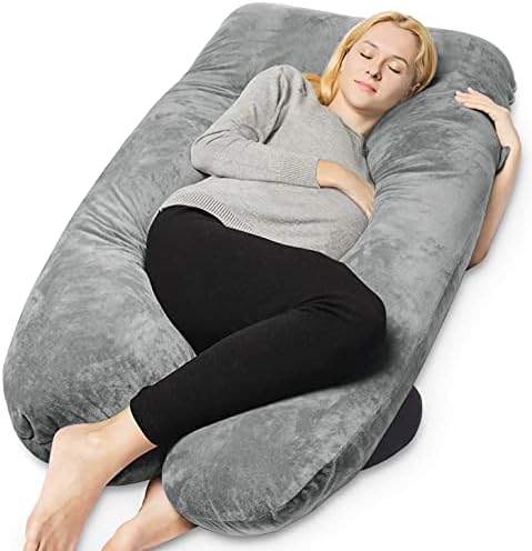 QUEEN ROSE Pregnancy Pillows, U Shaped Full Body Pillow for Sleeping Support, 55 Inch Maternity Pillow for Pregnant Women with Removable Velvet Cover, Grey