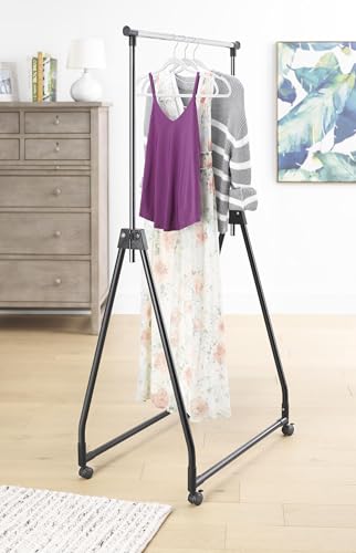 Whitmor Folding Garment Rack - Rolling Clothes Hanger - Adjustable Height - Black