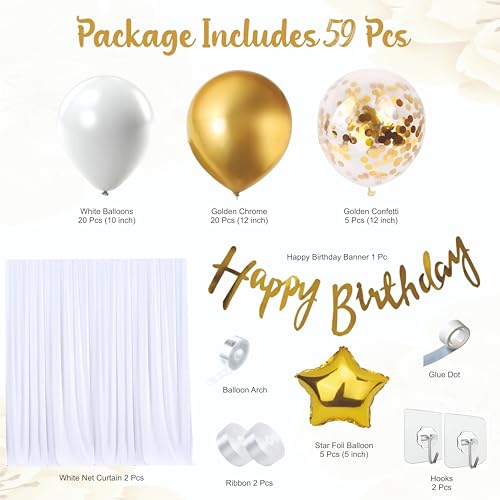 Image of Golden, White Balloons with White Net curtain, Pack of 59 Pcs for Birthday decoration, home party celebration
