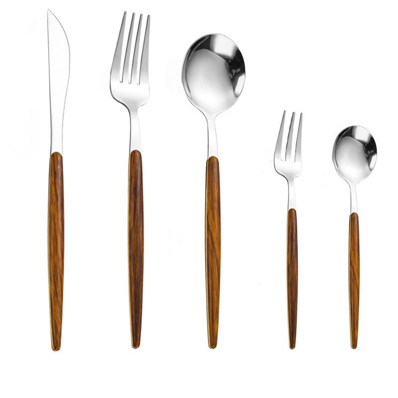 Vajilla Cubiertos Juego de cubiertos de acero inoxidable de 30 piezas con mangos de madera Cubiertos for 6 personas, Cubiertos for banquetes domésticos Servicio de cena