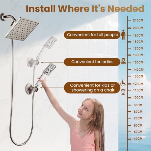 BRIGHT SHOWERS Rain Shower Head with Handheld Spray, 8 Inch Rainfall Shower Head Combo with 60" Hose, Adjustable Dual Square Showerhead Set with 3-Way Diverter, Wall Bracket, Brushed Nickel by BRIGHT SHOWERS - Used condition - Image 5