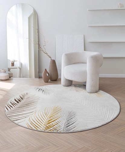 the carpet Mila Tapis moderne pour salon, élégant et brillant, à poils courts, gris avec motif plume dorée argentée, 200 cm, rond