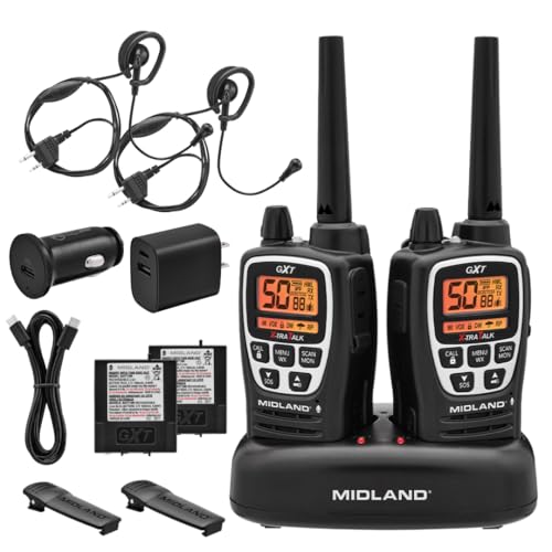 Image of Midland GXT3000 GMRS Two-Way Radio (50-Channel, Repeater Capable, Long Range, 142 Privacy Codes, SOS, NOAA, Rechargeable Lithium Ion Battery, Black /Silver, 2-Pack)