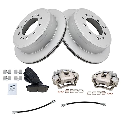 Image of TRQ Rear Brake Pad and Rotor Set Ceramic G Coated Rotors Calipers Hoses Compatible with 2013-2015 Lexus LX570 Land Cruiser