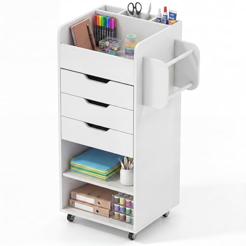 Image of Tangkula Rolling Storage Cart with Drawers, Wooden Drawer Cart w /Lockable Casters, Utility Storage Cart w /3 Shelves, Slots & Dowels, Mobile Organizer Cabinet on Wheels for Room Office Work Study