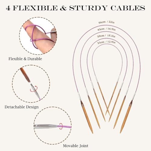Image of Yarniss Bamboo Circular Knitting Needle with Case,13 Pair Interchangeable Knitting Needles with Flexible Cables 3.5mm~10.0mm, 4-Inch Round Knitting Needle US Size 2.5~15