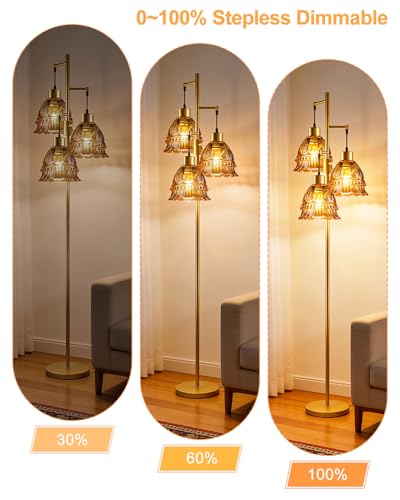 Image of Lightdot 3-Lights Glass Floor Lamp Dimmable Gold Floor Lamps with Brown Glass Shade 3000K Bulbs Included Unique Modern Standing Tall Lamp with 5Lbs Heavy Base for Living Room /Bedroom /Sofa Beside