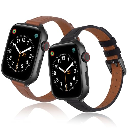 SEURE 2-pack Leather Bands Compatible with Apple Watch Band 38mm 40mm 41mm 42mm 44mm 45mm 49mm,Genuine Leather Band Slim Thin Strap for iWatch Ultra SE Series 9/8/7/6/5/4/3/2/1