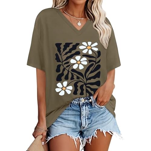 Oversized Tshirts for Women V Neck Short Sleeve Summer Casual Basic Loose Tops,Dark Green Flower,S