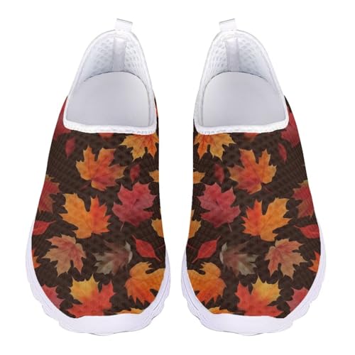 Jeiento Autumn Shoes for Men Women Thanksgiving Holiday Fall Maple Leaf Walking Sneakers Slip On Loafers Lightweight Mesh Gym Athletic Teenies Sneakers for Holiday,US 8.5