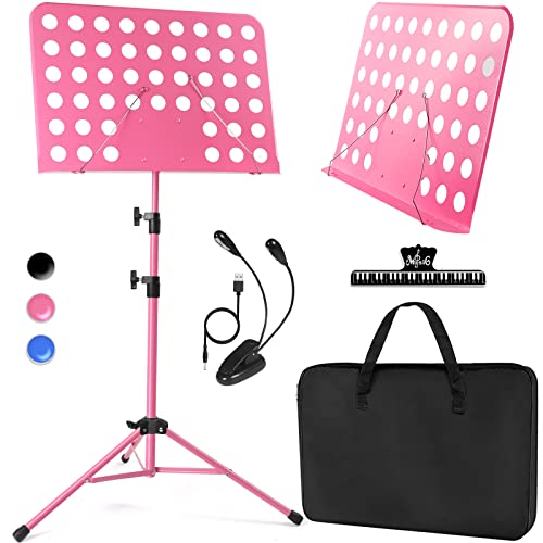 lotmusic Rosa Notenständer, Tragbarer Notenständer, Faltbarer und Höhenverstellbarer Notenständer mit Tasche, Notenclip, Licht, Geeignet zum Spielen von Musikinstrumenten und Reisen