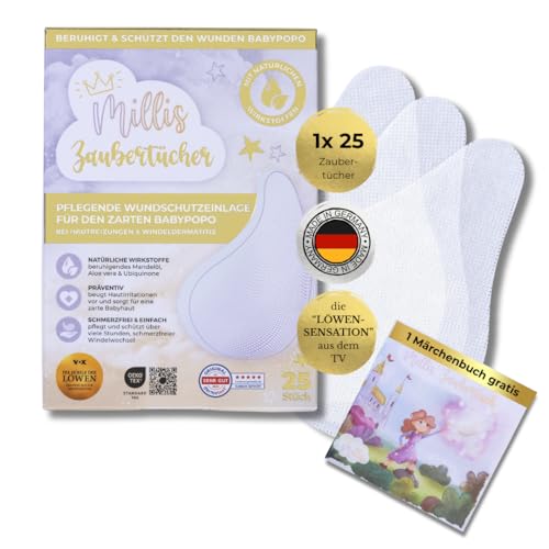 Millis Zaubertücher Baby Wundschutz | bei Windeldermatitis & wundem Po | 3-in-1 Pflege ohne Cremen | Aloe Vera Mandelöl & Q10 | 25 Tücher | bekannt aus Die Höhle der Löwen