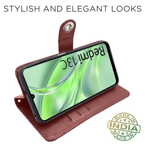 Image of Pikkme Redmi 13C 4G | Poco C65 Flip Cover Leather Finish | Inside TPU with Card Pockets | Wallet Stand and Shock Proof | Complete Protection Button Flip Case (Brown)