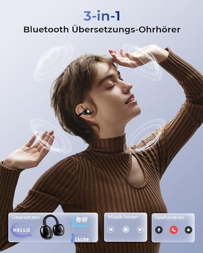 kentfaith KI Übersetzer Ohrhörer Echtzeitübersetzung 150 Sprachen & 16 Offline Sprachen, 6 Modi, Bluetooth 6.0, Ear-Clip-Ohrhörer mit Touchscreen-Ladecase für Reisen, Lernen & Geschäft - Schwarz